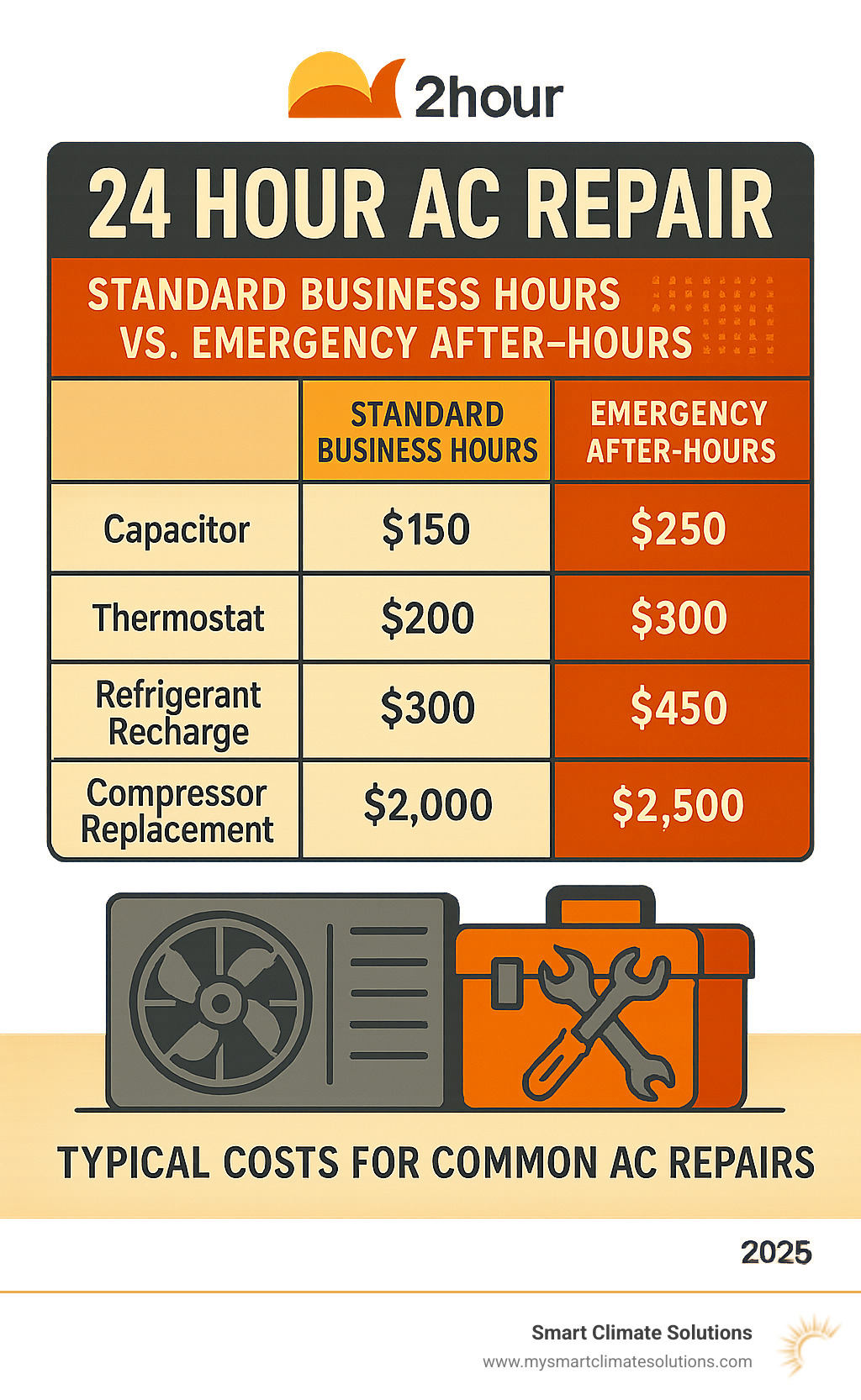 Detailed comparison table showing standard business hours repair costs versus emergency after-hours pricing for common AC repairs including capacitors, thermostats, refrigerant recharge, and compressor replacement - 24 hour ac repair infographic 