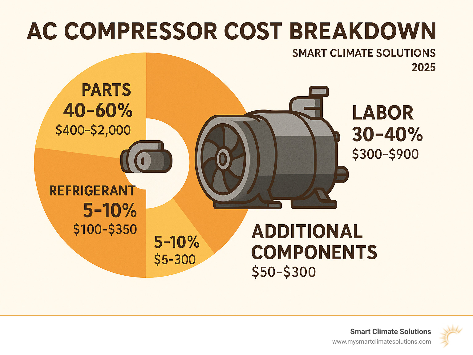 AC compressor cost breakdown showing percentage allocation between parts, labor, refrigerant, and additional components with typical price ranges for each category - ac compressor repair cost infographic 