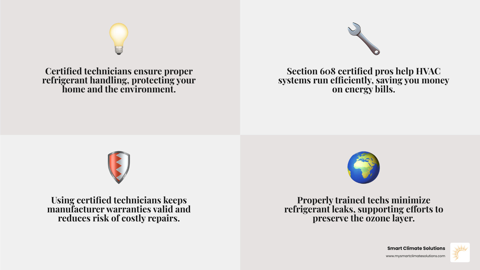 Infographic showing the benefits of hiring a Section 608 certified technician, including optimal efficiency, extended system life, environmental responsibility, warranty protection, and fewer callbacks. - section 608 certified technician near me infographic 4_facts_emoji_grey