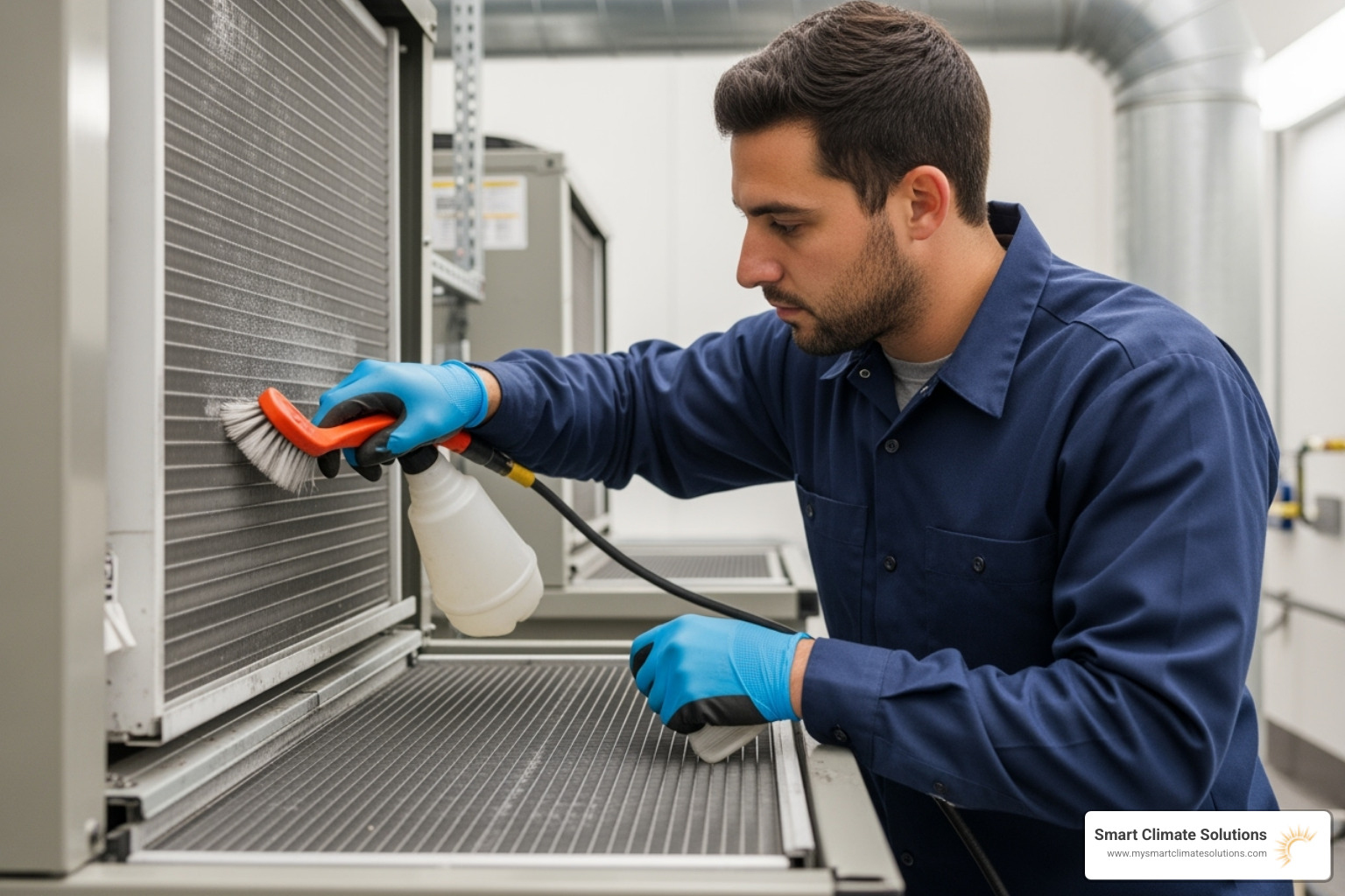 technician cleaning evaporator coil - commercial hvac maintenance plan