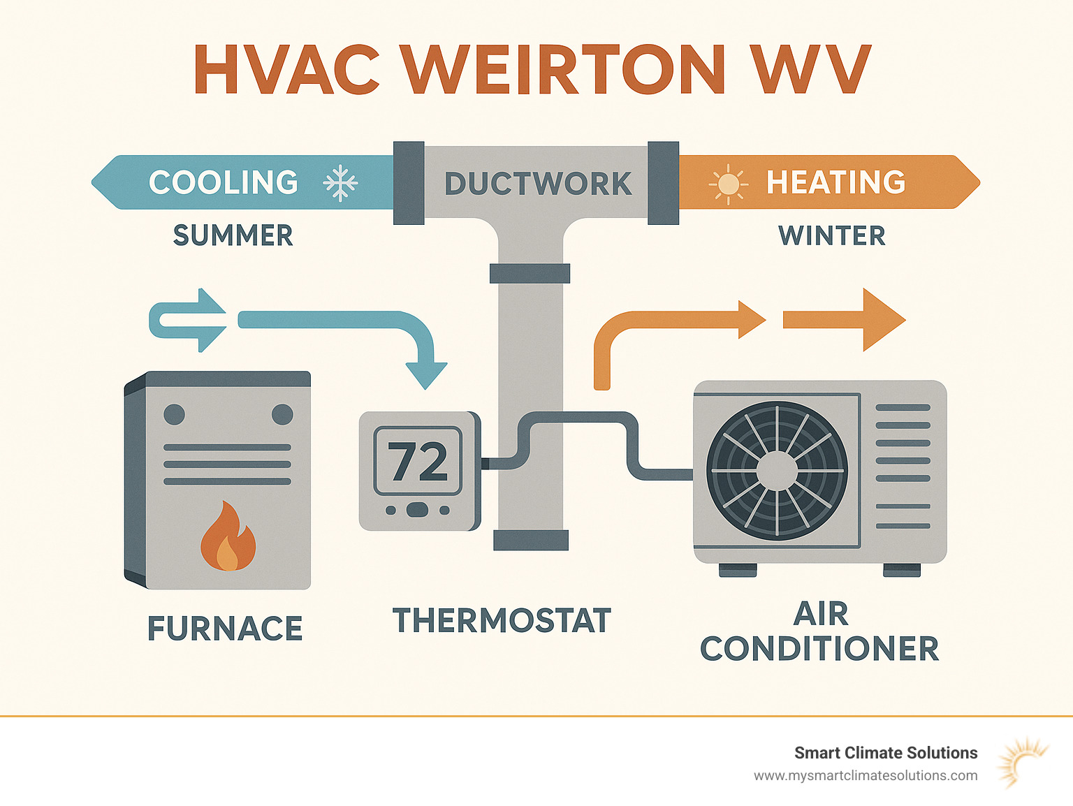Comprehensive breakdown of HVAC system components including furnace, air conditioner, ductwork, and thermostat with arrows showing airflow patterns and seasonal operation modes for Weirton WV homes - hvac weirton wv infographic 
