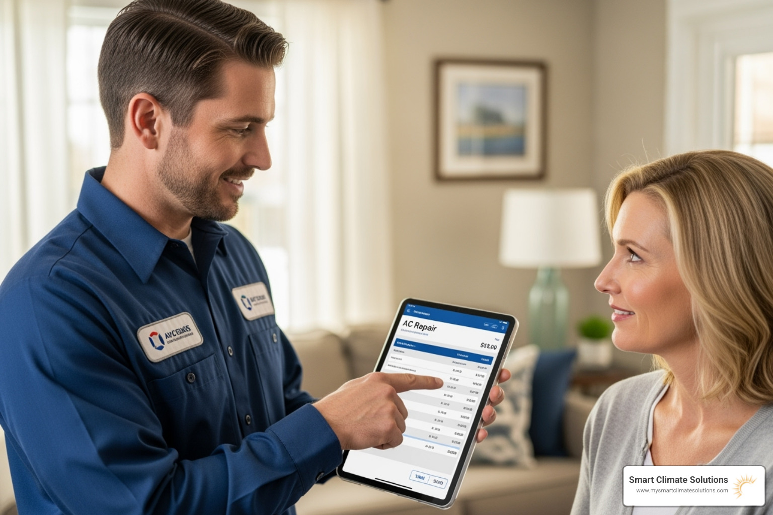 Technician showing homeowner transparent quote on tablet - ac repair pittsburgh