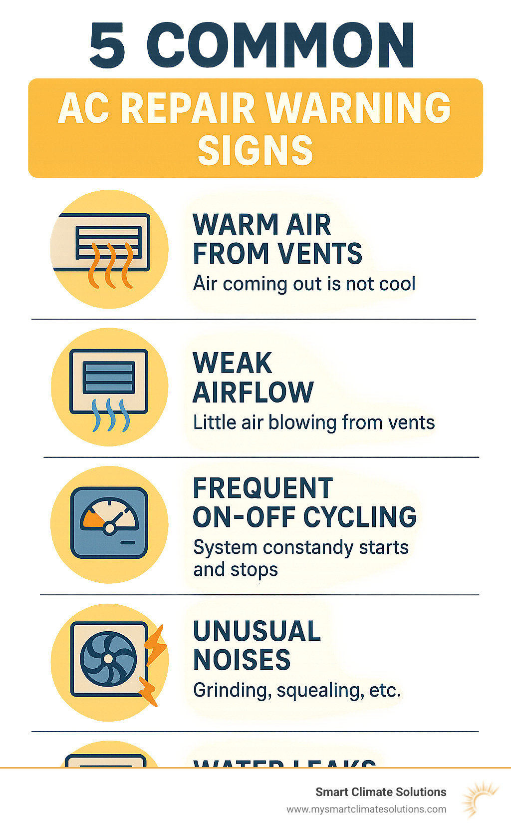 Comprehensive infographic showing the 5 most common AC repair warning signs: warm air from vents, weak airflow, frequent on-off cycling, unusual noises like grinding or squealing, and water leaks around the unit, with visual indicators and brief explanations for each symptom - ac repair pittsburgh infographic 