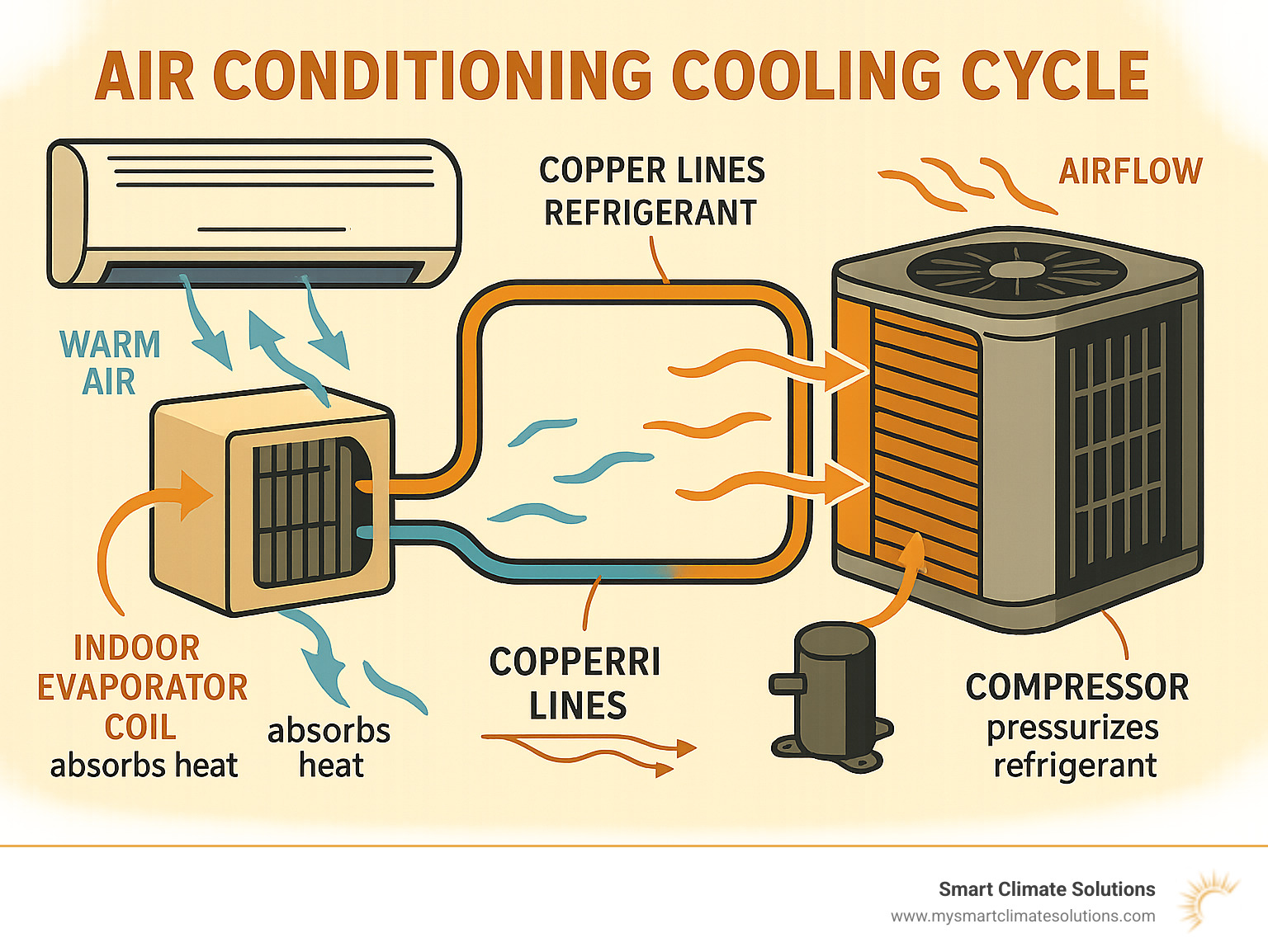 Detailed infographic showing the air conditioning cooling cycle, including indoor evaporator coil absorbing heat from warm air, refrigerant circulation through copper lines, outdoor condenser coil releasing heat, and compressor pressurizing refrigerant, with arrows indicating airflow and refrigerant movement throughout the system - new air conditioner not cooling infographic 