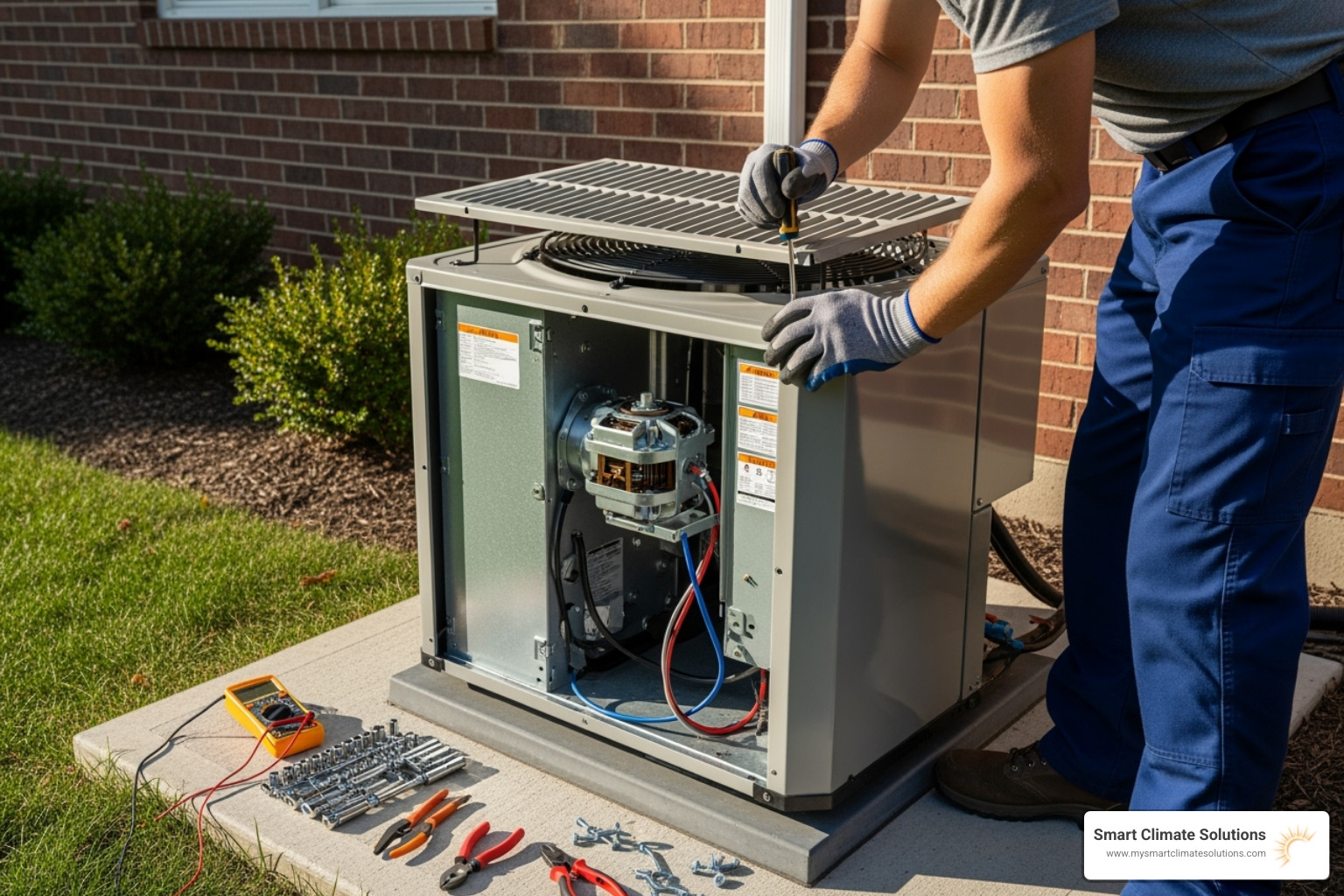 A technician explains an HVAC issue to a homeowner.