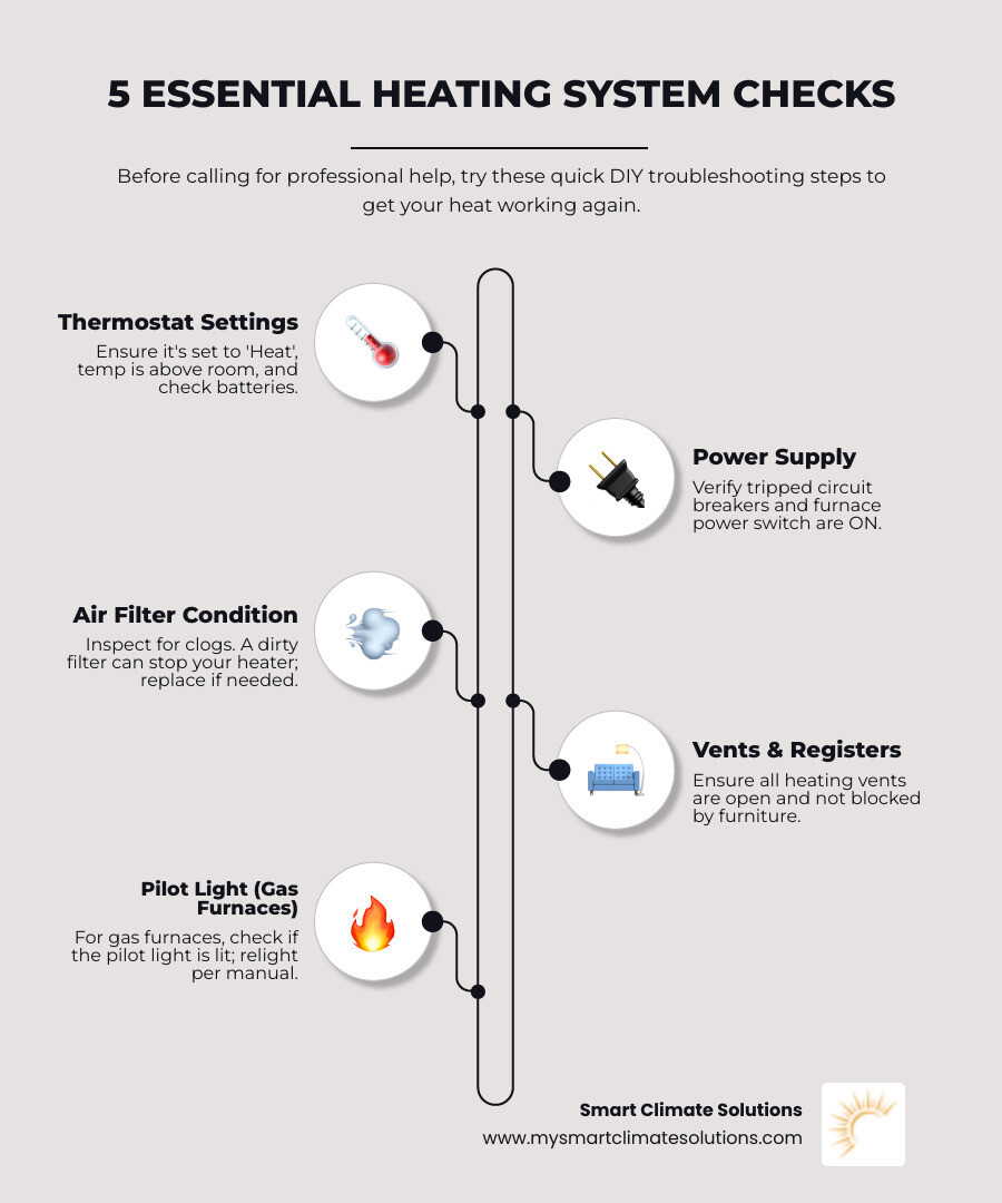 Infographic: Quick checks for a non-working heating system. Verify thermostat settings, check circuit breaker/power switch, inspect air filter for clogs, ensure all vents are open and unobstructed, and for gas furnaces, check the pilot light - heating system not working infographic infographic-line-5-steps-neat_beige