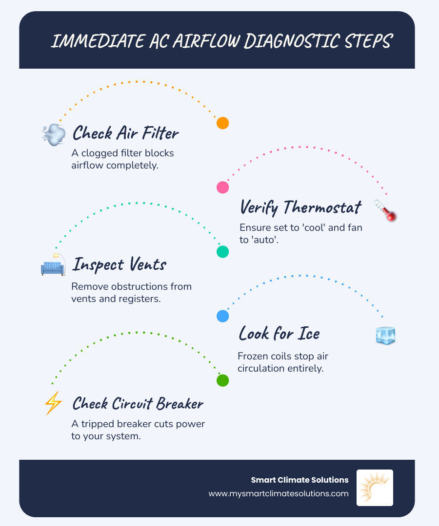 Diagnostic flowchart showing step-by-step troubleshooting: Start with checking air filter, then thermostat settings, inspect for ice buildup on coils, check circuit breaker status, and finally call professional if issues persist - ac isnt blowing infographic infographic-line-5-steps-blues-accent_colors