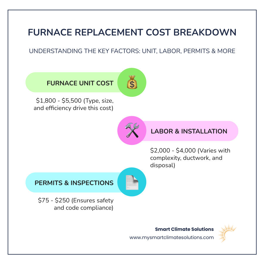 Infographic showing furnace replacement cost breakdown: unit cost ranges from $1,800-$5,500, labor costs $2,000-$4,000, permits and inspections $75-$250, with additional factors including furnace type, home size, efficiency rating, and installation complexity - furnace replacement cost infographic infographic-line-3-steps-colors