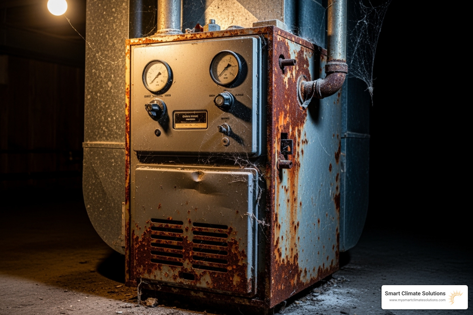 An old, rusty furnace with visible signs of wear and tear, indicating it's past its prime - furnace replacement cost