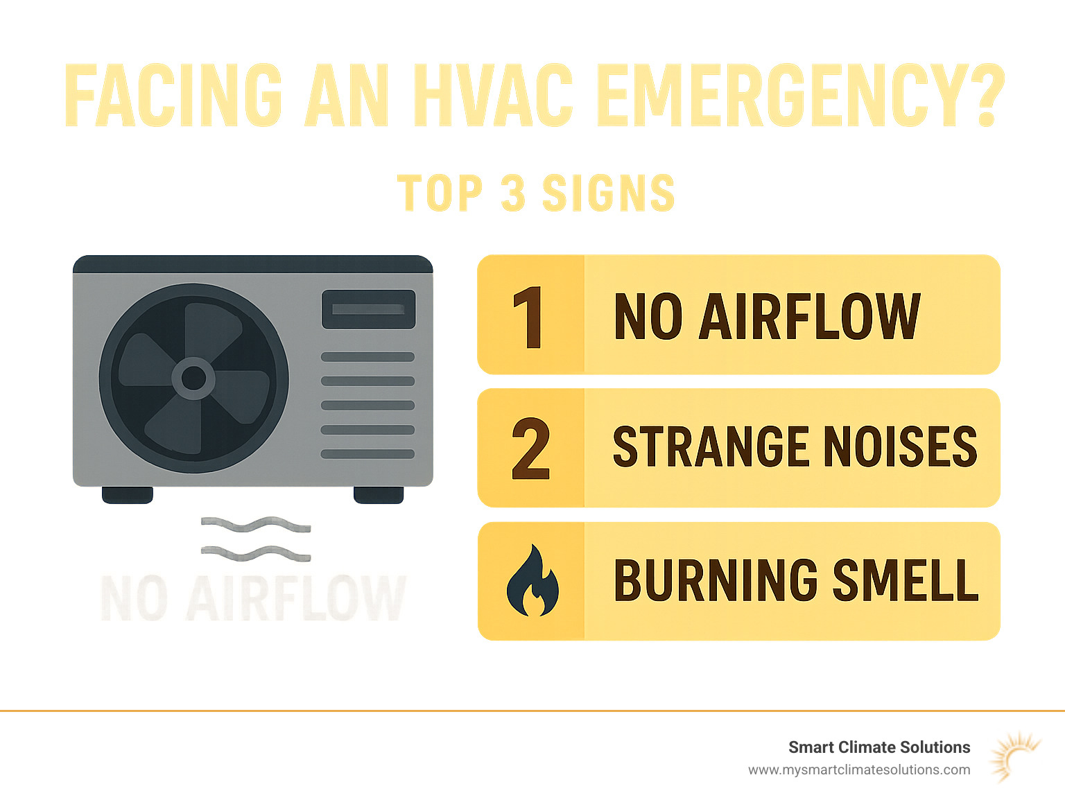 Infographic detailing the top 3 signs of an HVAC emergency: no airflow, strange noises, and burning smells - 24/7 HVAC emergency repair infographic 