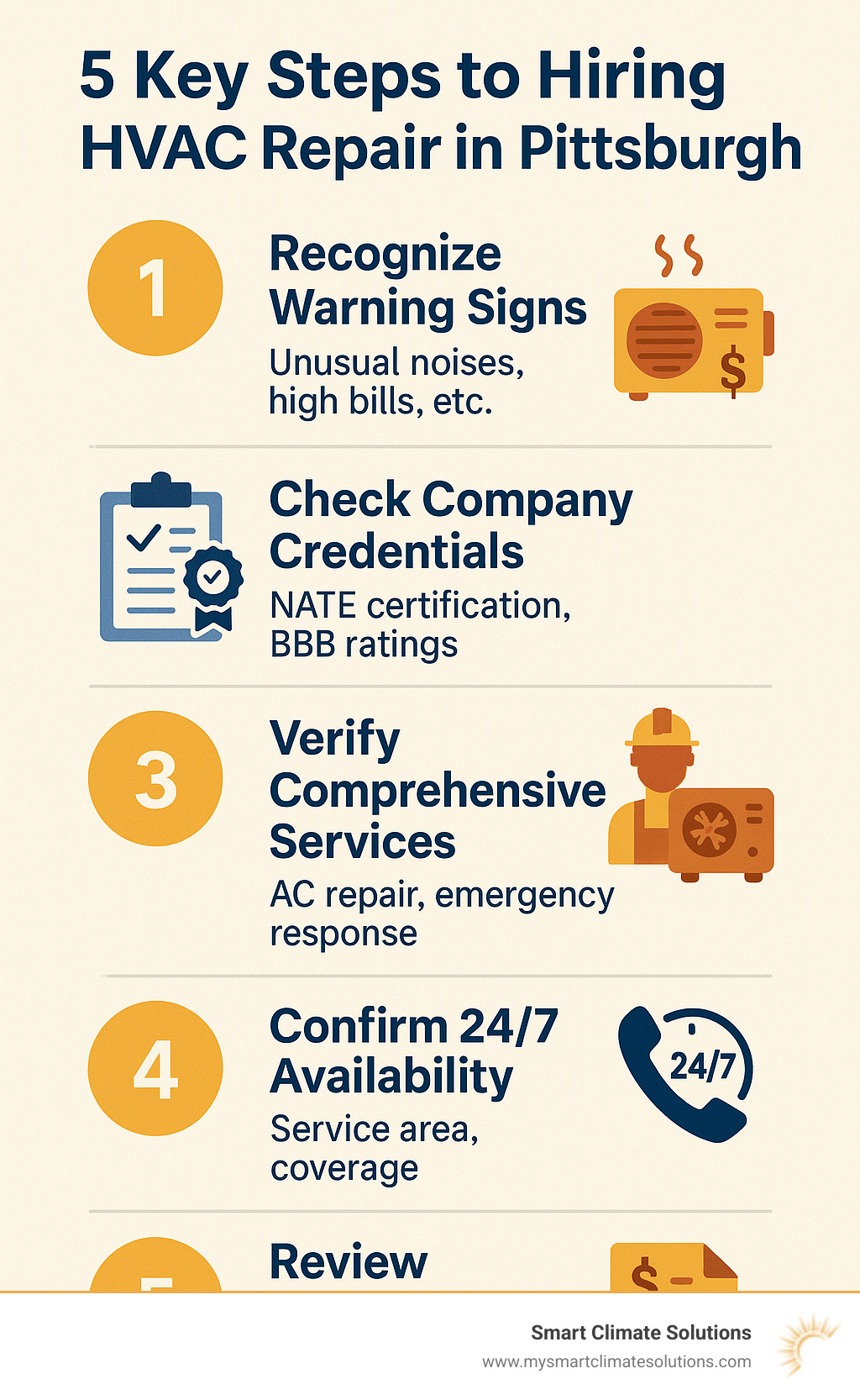 Infographic showing 5 key steps to hiring HVAC repair in Pittsburgh: 1) Recognize warning signs like unusual noises and high bills, 2) Check company credentials including NATE certification and BBB ratings, 3) Verify comprehensive services from AC repair to emergency response, 4) Confirm 24/7 availability and service area coverage, 5) Review maintenance plans and transparent pricing options - hvac repair pittsburgh infographic 