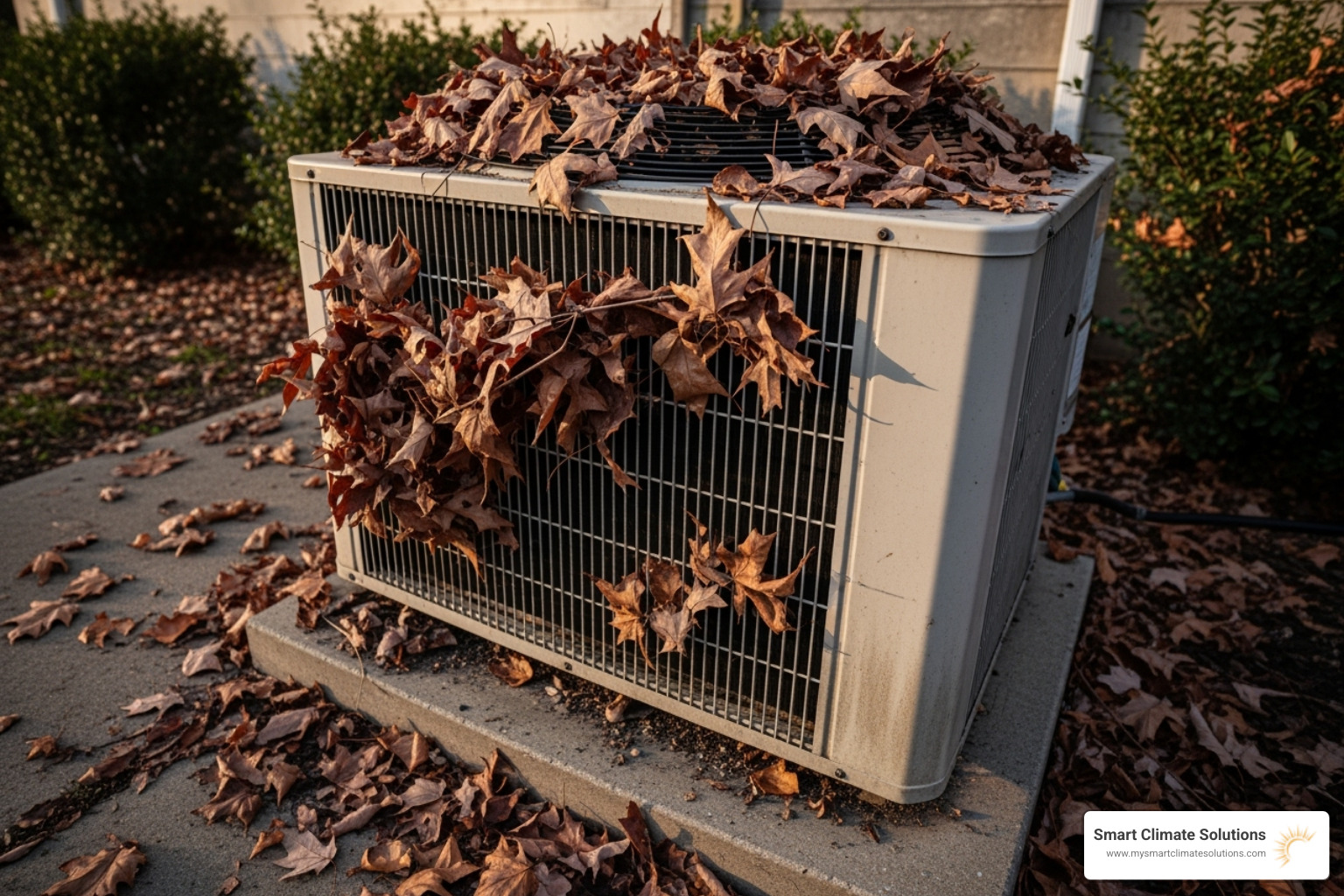 A dirty outdoor condenser unit covered in leaves and debris.