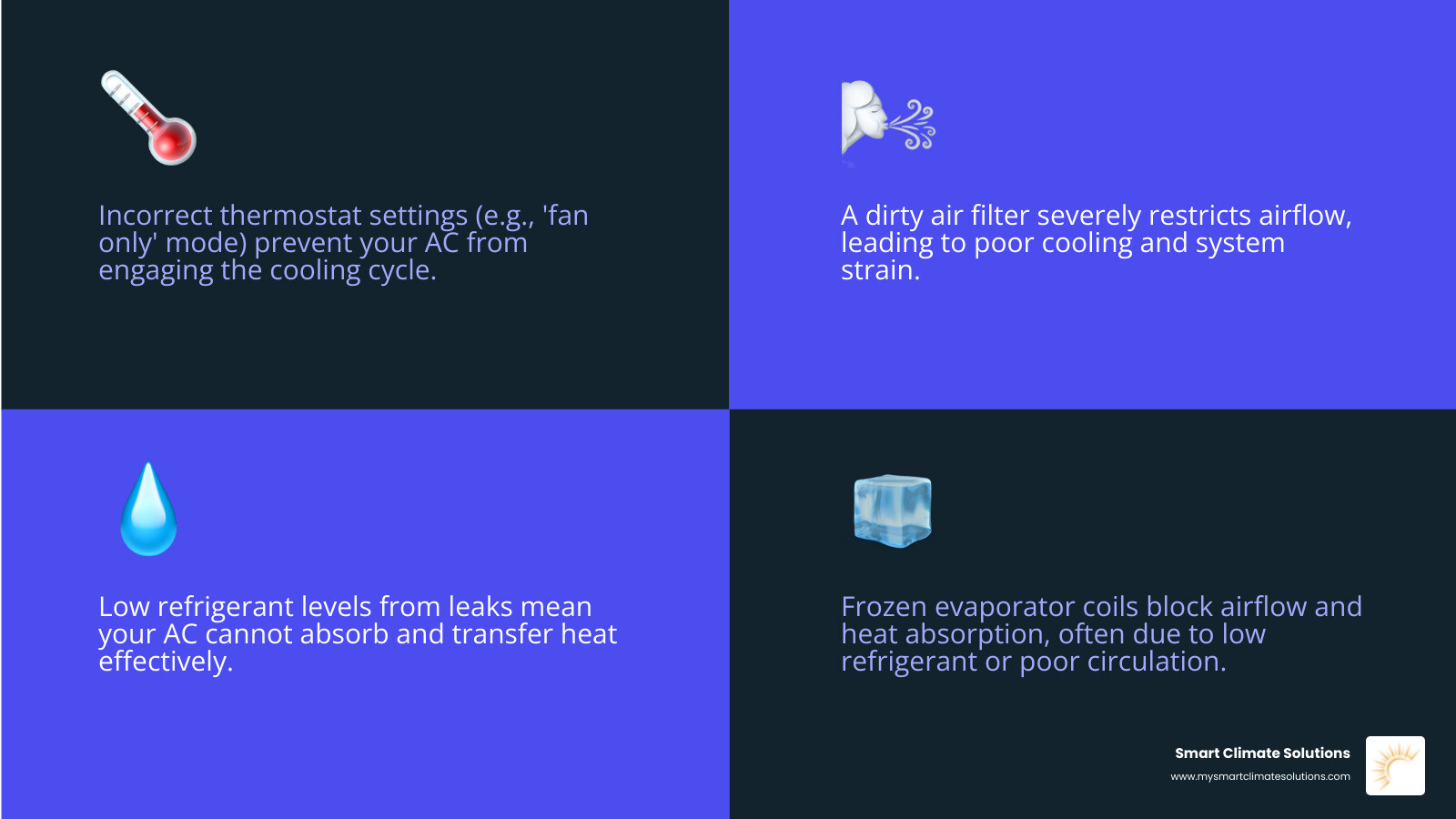Infographic detailing the common reasons an AC unit runs but doesn't cool, including thermostat issues, dirty air filters, refrigerant leaks, blocked outdoor unit, frozen coils, and electrical problems - ac not cooling infographic 4_facts_emoji_blue