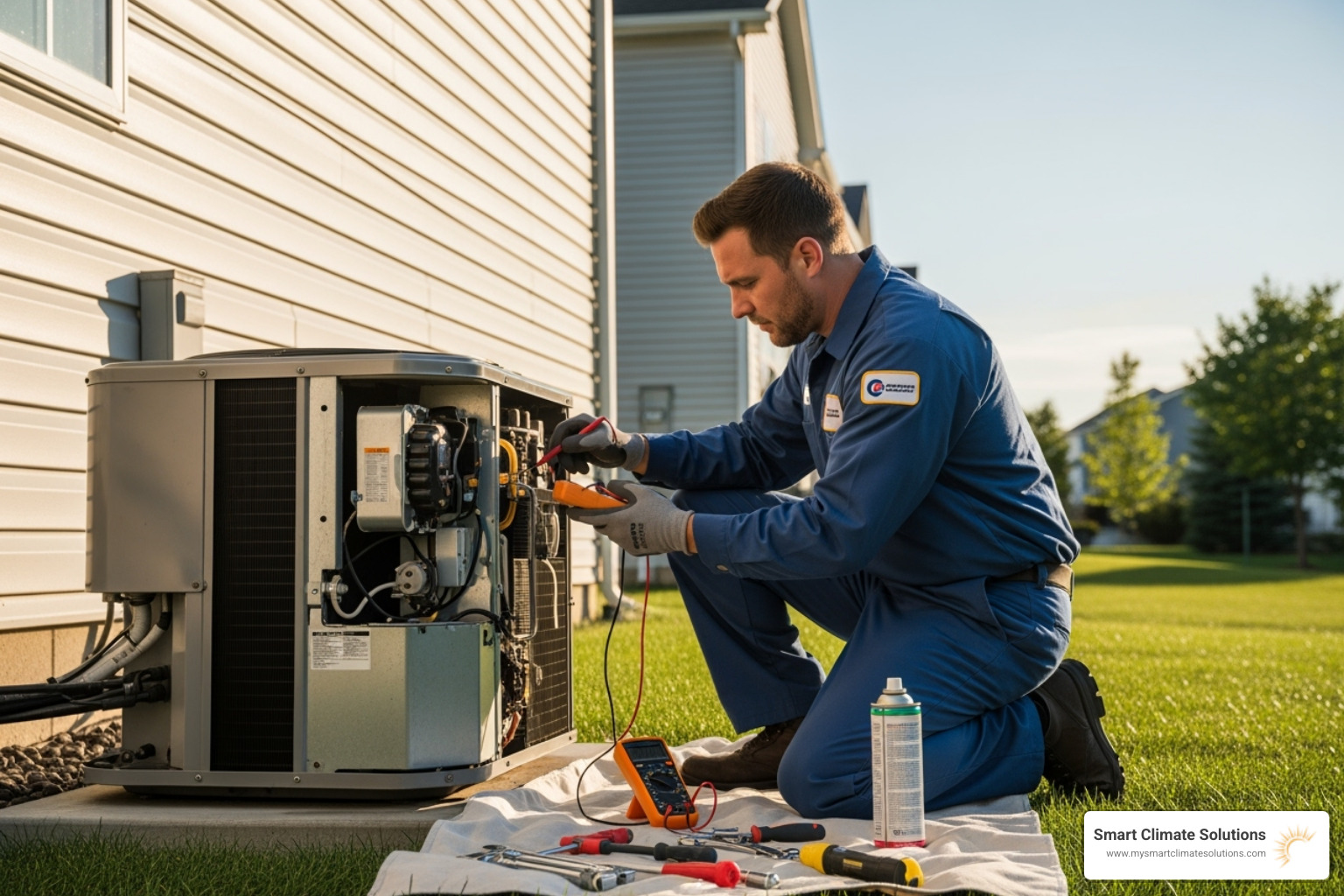 HVAC technician servicing an outdoor unit - residential HVAC solutions