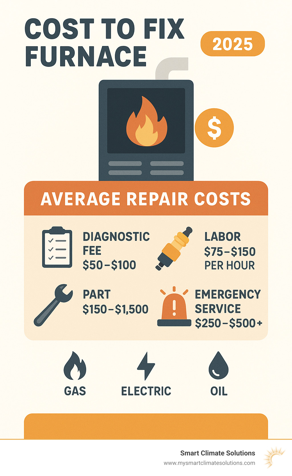 Detailed breakdown of average furnace repair costs by component, showing diagnostic fees, common part replacement costs, labor rates, and emergency service pricing across different furnace types - cost to fix furnace infographic 