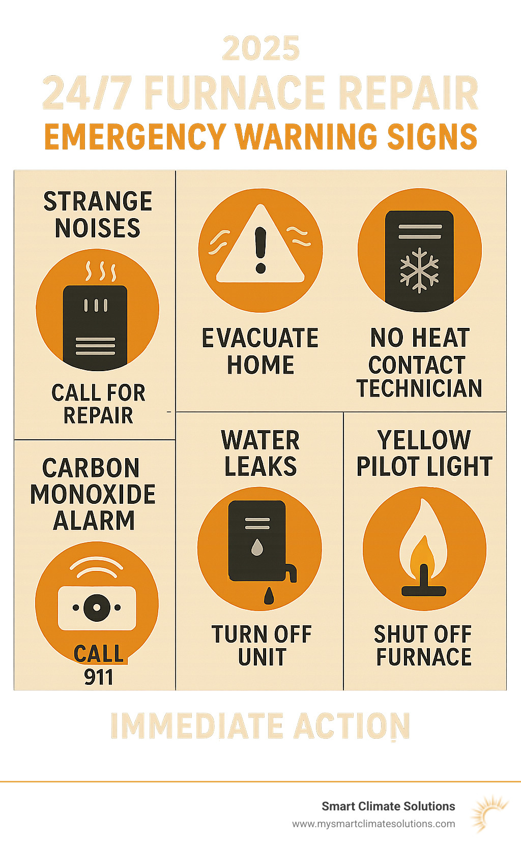 Emergency furnace repair warning signs including strange noises, gas smells, no heat production, carbon monoxide alarm activation, water leaks, and yellow pilot light with immediate action steps for each scenario - 24 7 furnace repair infographic 