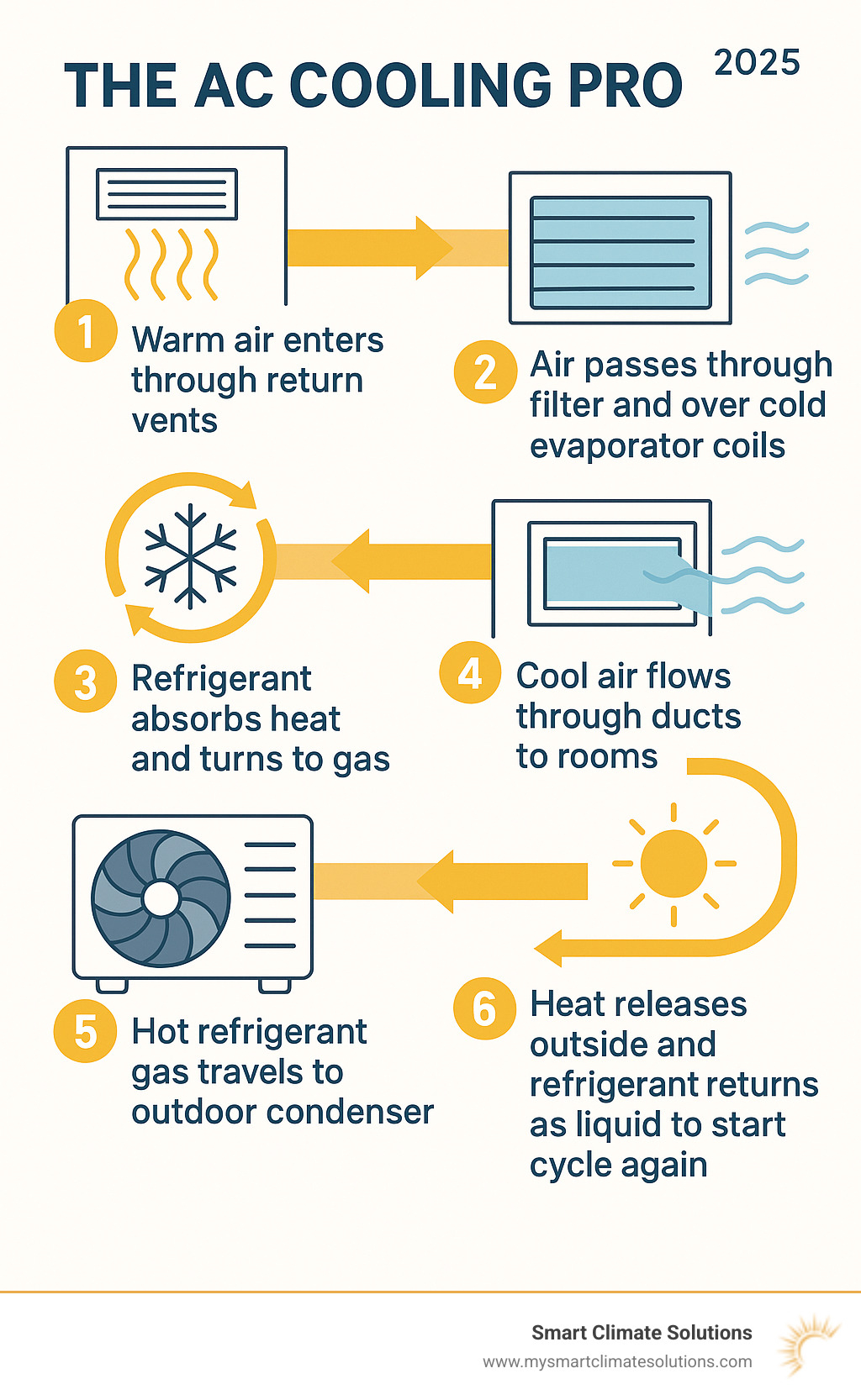 Detailed infographic showing the 6-step AC cooling process: 1) Warm air enters through return vents, 2) Air passes through filter and over cold evaporator coils, 3) Refrigerant absorbs heat and turns to gas, 4) Cool air flows through ducts to rooms, 5) Hot refrigerant gas travels to outdoor condenser, 6) Heat releases outside and refrigerant returns as liquid to start cycle again - hvac not blowing cool air infographic 
