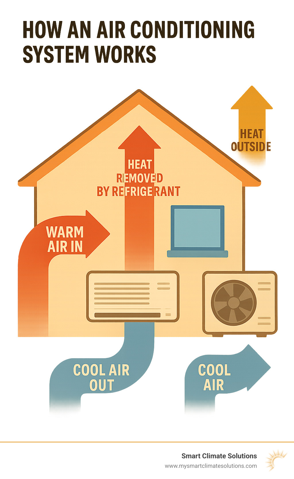 Infographic explaining the basic concept of an an air conditioning system moving heat from inside a house to the outside, showing warm air entering, heat being removed by refrigerant, and cool air returning indoors, while heat is expelled outdoors. - air conditioning system infographic 