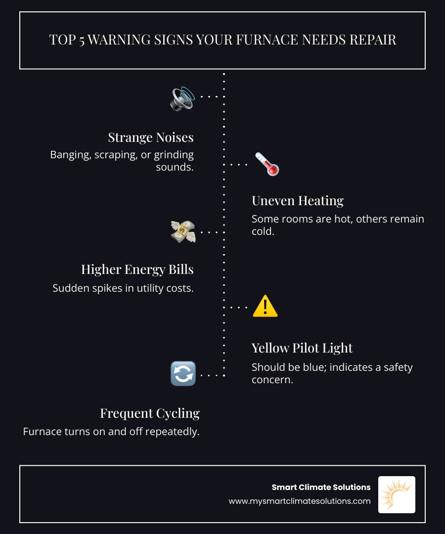 Infographic showing the top 5 warning signs your furnace needs repair: strange noises like banging or grinding, uneven heating throughout your home, sudden increases in energy bills, yellow pilot light instead of blue, and frequent on-off cycling of the system - furnace repair pittsburgh infographic infographic-line-5-steps-dark