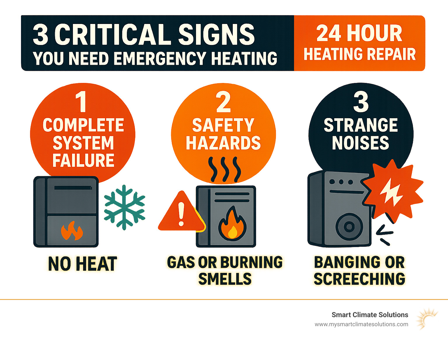 Infographic showing the top 3 critical signs you need emergency heating repair: complete system failure with no heat output, dangerous gas or burning smells indicating safety hazards, and strange mechanical noises like banging or screeching from the heating unit - 24 hour heating repair infographic Infographic showing the top 3 critical signs you need emergency heating repair: complete system failure with no heat output, dangerous gas or burning smells indicating safety hazards, and strange mechanical noises like banging or screeching from the heating unit - 24 hour heating repair infographic