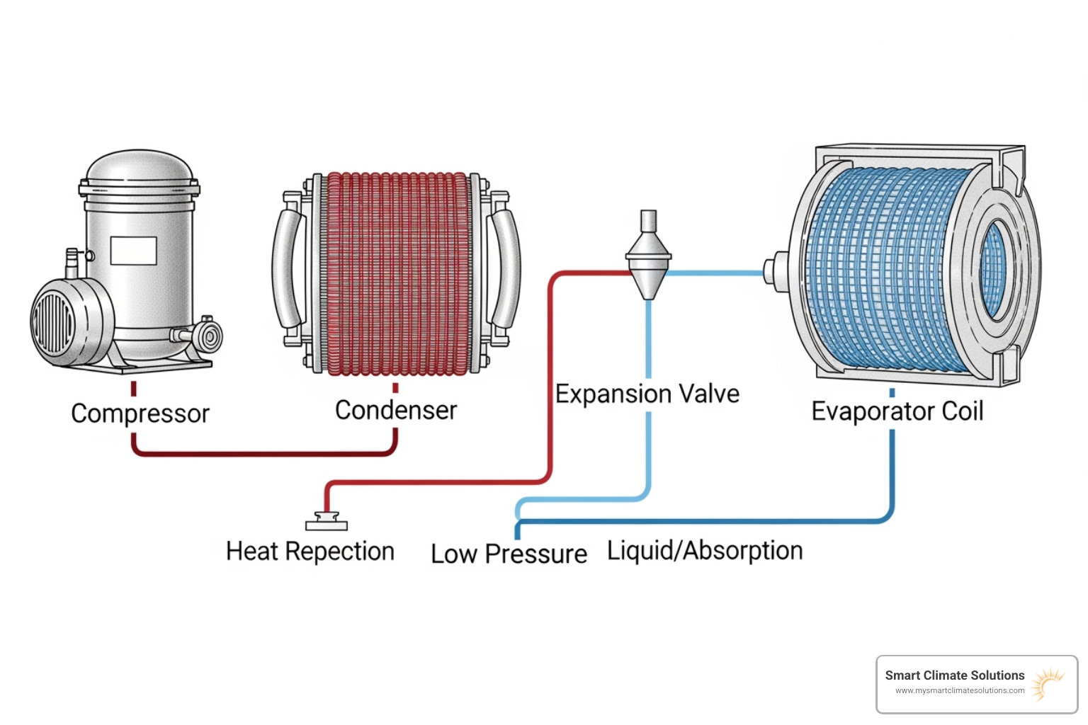 Diagram illustrating the refrigeration cycle in an air conditioning system, showing the compressor, condenser, expansion valve, and evaporator. Diagram illustrating the refrigeration cycle in an air conditioning system, showing the compressor, condenser, expansion valve, and evaporator.