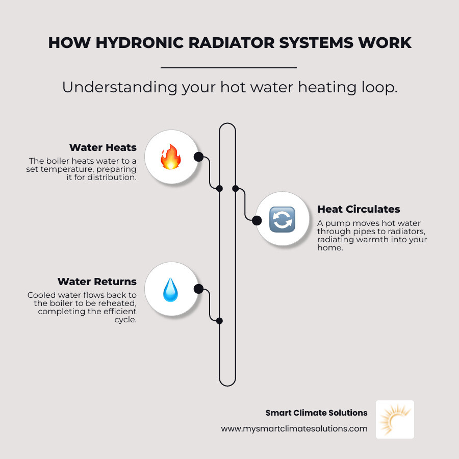 Infographic showing how a hydronic hot water radiator system works, including the boiler heating water, circulation pump moving hot water through pipes to radiators, heat transfer from radiator fins to room air, and cooled water returning to boiler for reheating - hvac radiator repair pittsburgh infographic infographic-line-3-steps-neat_beige