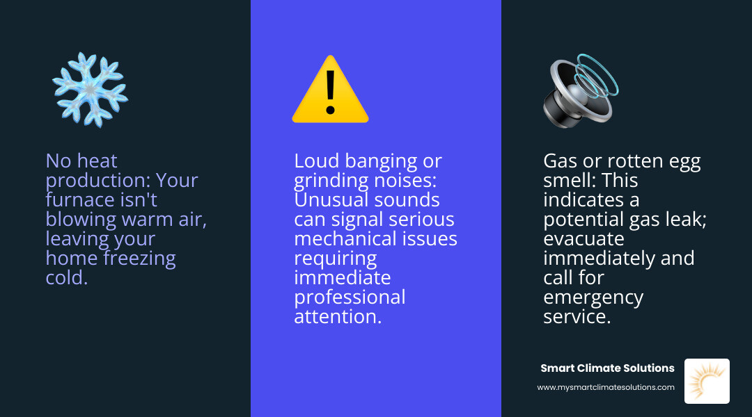 Infographic showing the top 3 furnace emergency warning signs: no heat production with a thermometer showing cold temperatures, gas smell indicated by warning symbols and evacuation arrows, and loud banging noises from the furnace unit with sound wave illustrations - after hours furnace repair infographic 3_facts_emoji_blue Infographic showing the top 3 furnace emergency warning signs: no heat production with a thermometer showing cold temperatures, gas smell indicated by warning symbols and evacuation arrows, and loud banging noises from the furnace unit with sound wave illustrations - after hours furnace repair infographic 3_facts_emoji_blue