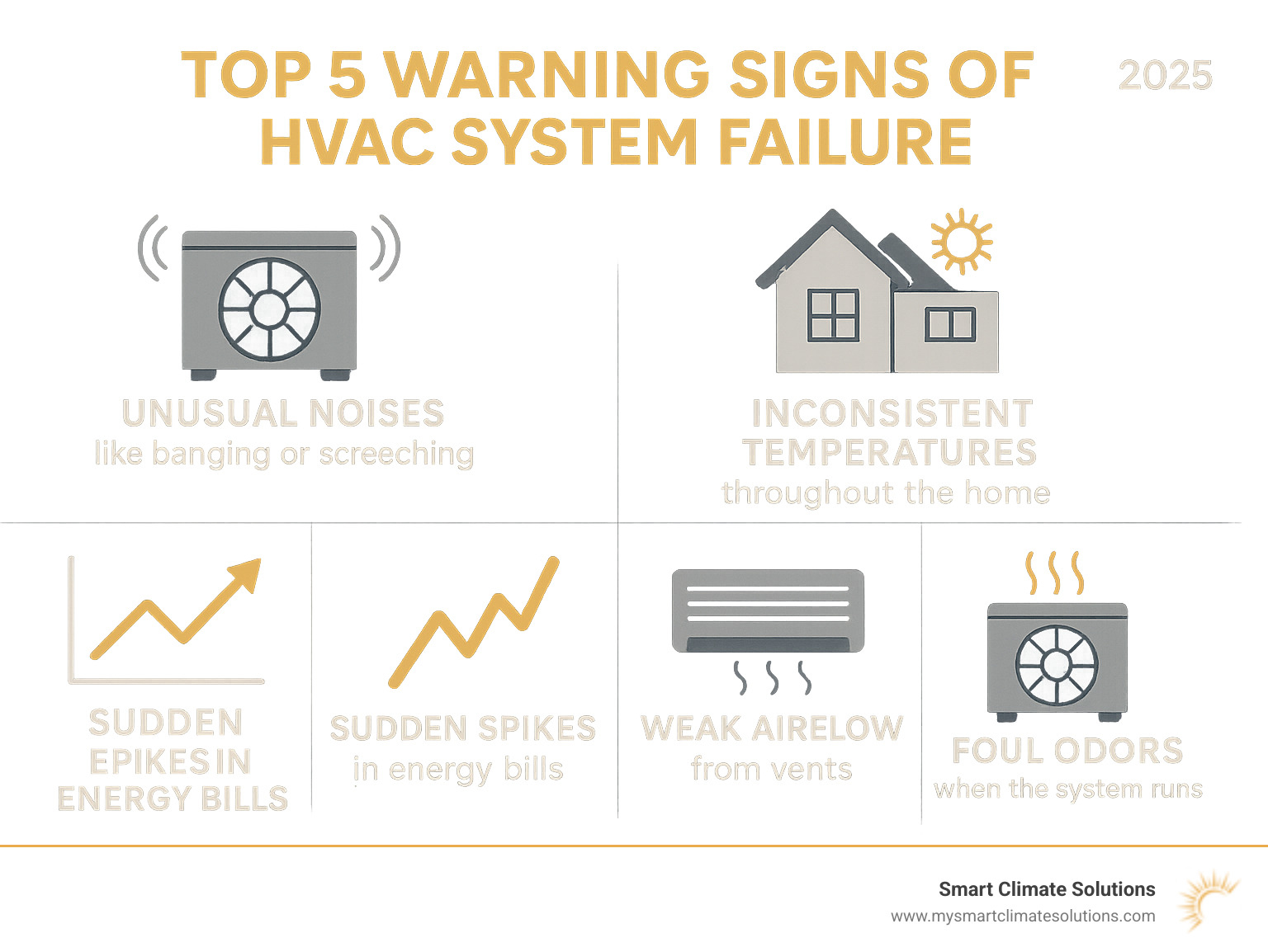 Infographic showing the top 5 warning signs of HVAC system failure: unusual noises like banging or screeching, inconsistent temperatures throughout the home, sudden spikes in energy bills, weak airflow from vents, and foul odors when the system runs - hvac 24 hour infographic 