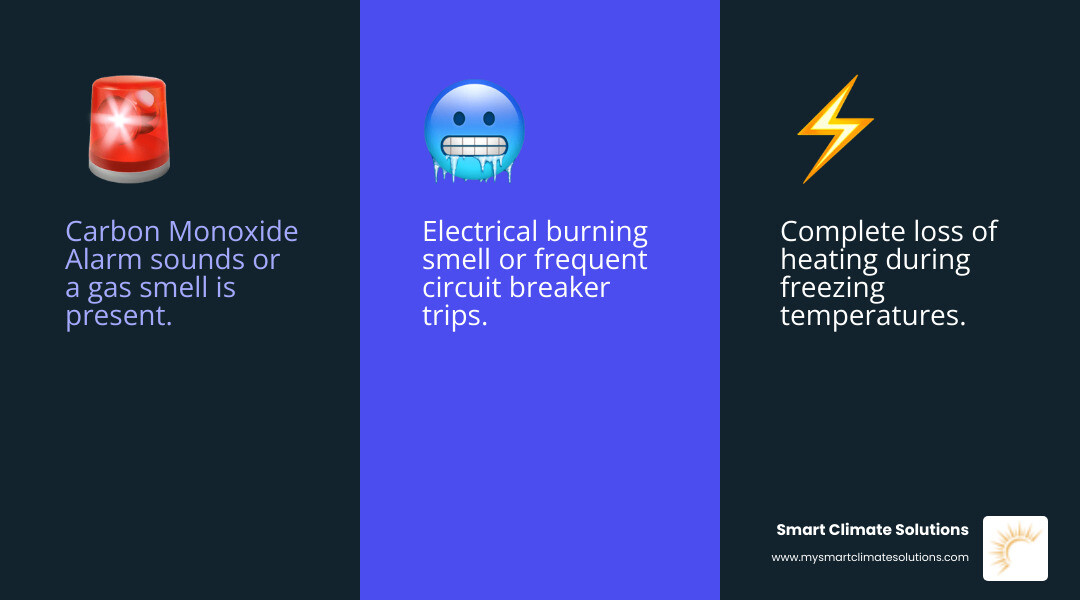 Emergency HVAC warning signs infographic showing gas smells, no heating in cold weather, electrical burning odors, ice buildup on AC units, and carbon monoxide alarms as top emergency indicators requiring immediate professional attention - 24 hour heating and air repair near me infographic 3_facts_emoji_blue