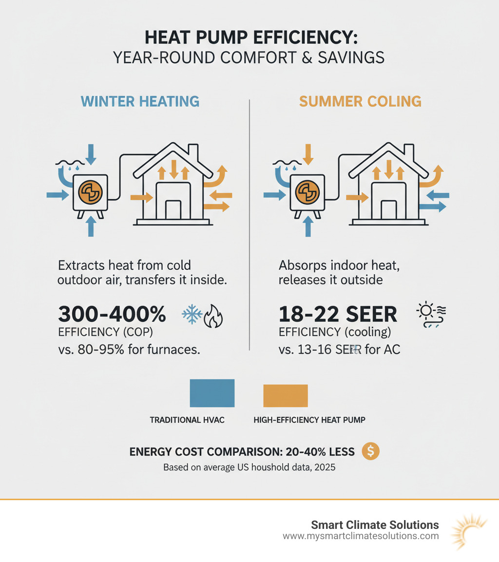 Detailed infographic showing how high-efficiency heat pumps transfer heat from outdoor air to indoor spaces in winter, and reverse the process for cooling in summer, with efficiency ratings and energy cost comparisons versus traditional systems - high efficiency heating and air conditioning infographic 