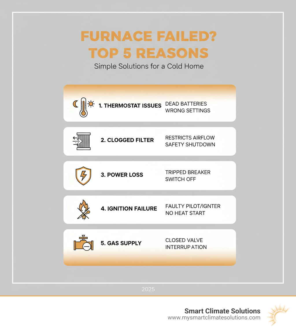Infographic showing the top 5 reasons a furnace stops working: Thermostat Issues (dead batteries, wrong settings), Clogged Filter (restricts airflow, triggers safety shutdown), Power Loss (tripped breaker, furnace switch off), Ignition Failure (faulty pilot light or electronic igniter), and Gas Supply Problems (closed valve, supply interruption) - furnace stopped working infographic 