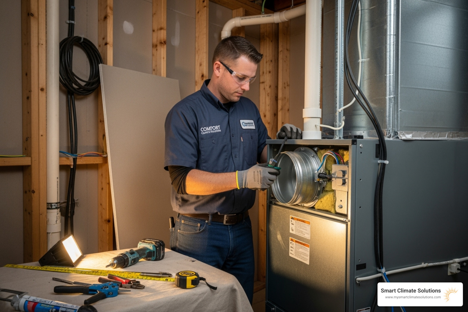 A certified HVAC technician is shown carefully installing a component of a heating and air conditioning system indoors, highlighting the precision and expertise required - high efficiency heating and air conditioning