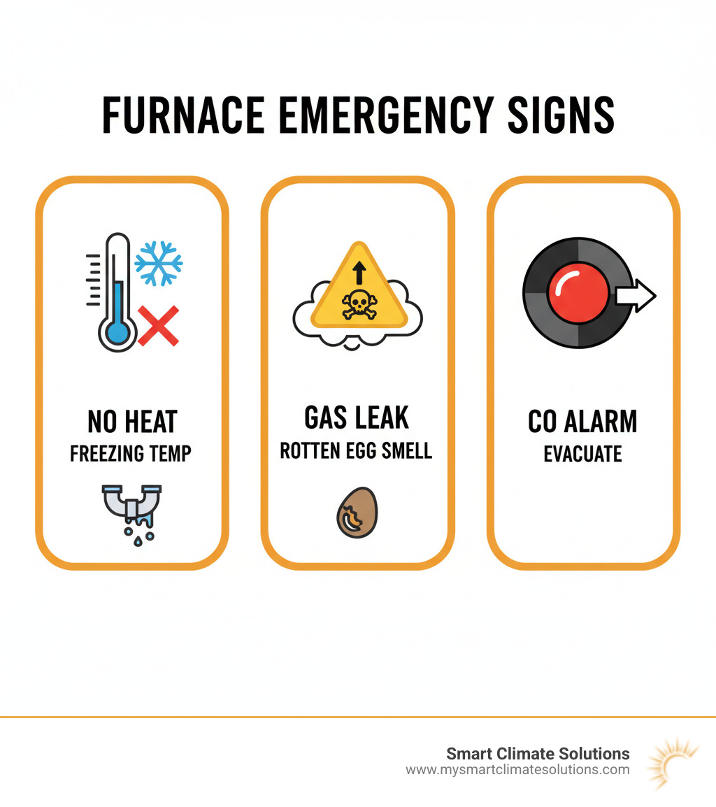 Infographic showing three critical furnace emergency signs: thermometer showing no heat with snowflake icon, gas leak warning symbol with rotten egg smell indicator, and carbon monoxide detector with red alarm light and evacuation arrow - emergency furnace help infographic 
