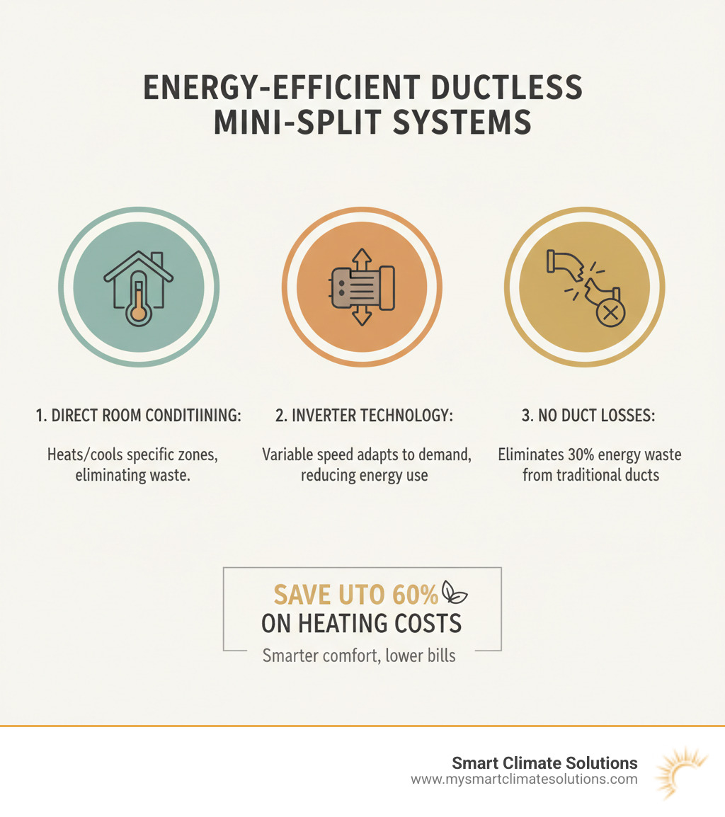 Comprehensive breakdown of how ductless mini-split systems eliminate energy waste through direct room conditioning, inverter technology for variable speed operation, and elimination of duct losses that typically account for 30% of energy consumption in traditional HVAC systems - energy efficient ductless heating and cooling system infographic 