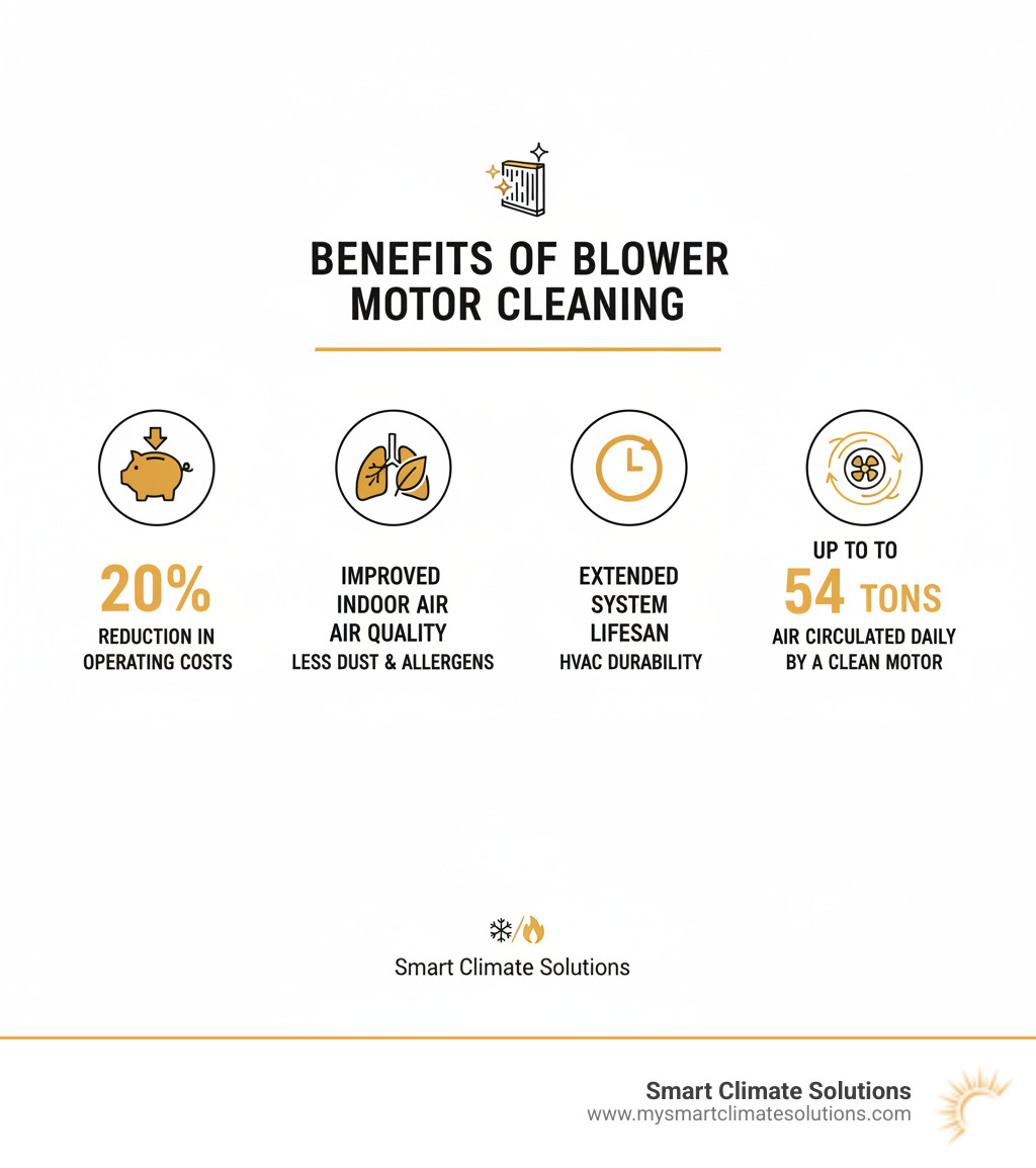 Infographic showing the benefits of regular blower motor cleaning: 20% reduction in operating costs, improved indoor air quality with less dust and allergens, extended HVAC system lifespan, and up to 54 tons of air circulated daily by a clean motor - Blower motor cleaning infographic 