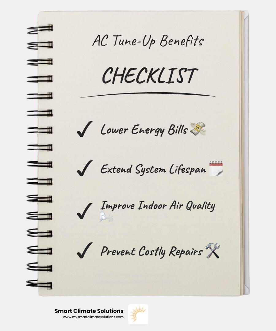 Infographic showing the benefits of regular AC tune-ups: improved energy efficiency with lower utility bills, extended system lifespan up to 15 years, better indoor air quality by removing dust and allergens, prevention of costly emergency repairs, consistent home comfort throughout summer, and reduced risk of system failure during peak heat - how to tune up ac unit infographic checklist-notebook