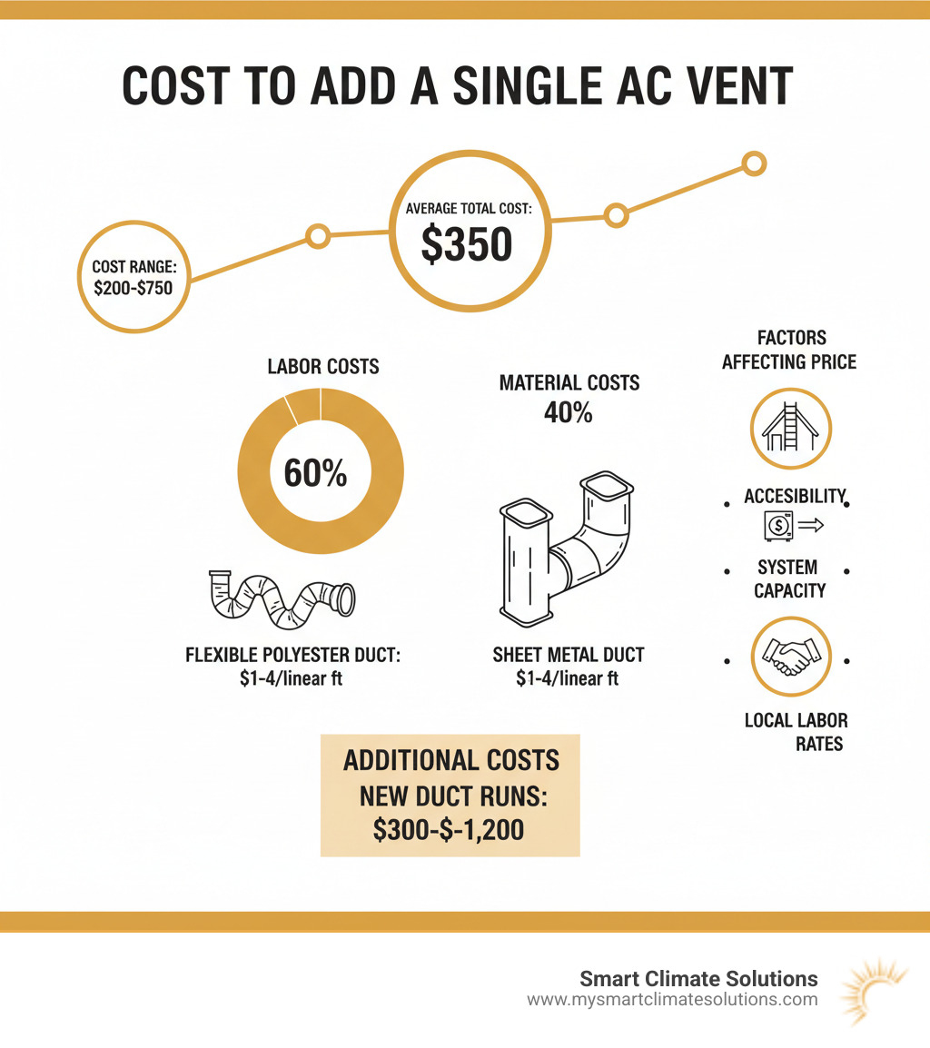 Detailed infographic showing the cost breakdown to add a single AC vent: average total cost $350, cost range $200-$750, labor costs (60% of total), material costs by duct type (flexible polyester $1-$4 per linear foot, sheet metal $4-$12 per linear foot), additional costs for new duct runs ($300-$1,200), and factors affecting price including accessibility, system capacity, and local labor rates - cost to add ac vent infographic Detailed infographic showing the cost breakdown to add a single AC vent: average total cost $350, cost range $200-$750, labor costs (60% of total), material costs by duct type (flexible polyester $1-$4 per linear foot, sheet metal $4-$12 per linear foot), additional costs for new duct runs ($300-$1,200), and factors affecting price including accessibility, system capacity, and local labor rates - cost to add ac vent infographic