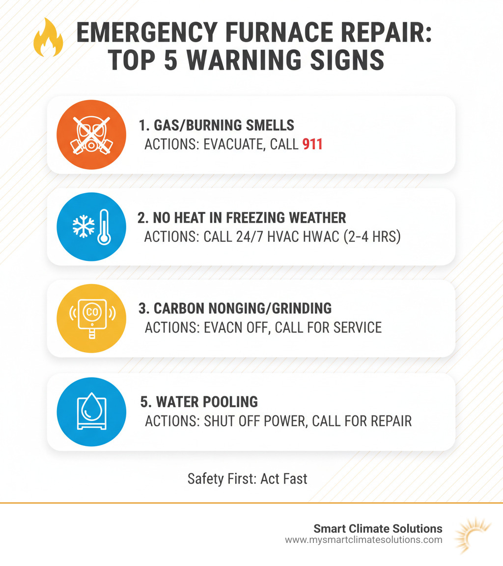 Comprehensive infographic showing the top 5 warning signs that require immediate emergency furnace repair: gas or burning smells with evacuation procedures, complete loss of heat during freezing weather, carbon monoxide detector alarms, loud banging or grinding noises from the unit, and water pooling around the furnace base, each with specific action steps and safety protocols - emergency furnace repair infographic Comprehensive infographic showing the top 5 warning signs that require immediate emergency furnace repair: gas or burning smells with evacuation procedures, complete loss of heat during freezing weather, carbon monoxide detector alarms, loud banging or grinding noises from the unit, and water pooling around the furnace base, each with specific action steps and safety protocols - emergency furnace repair infographic