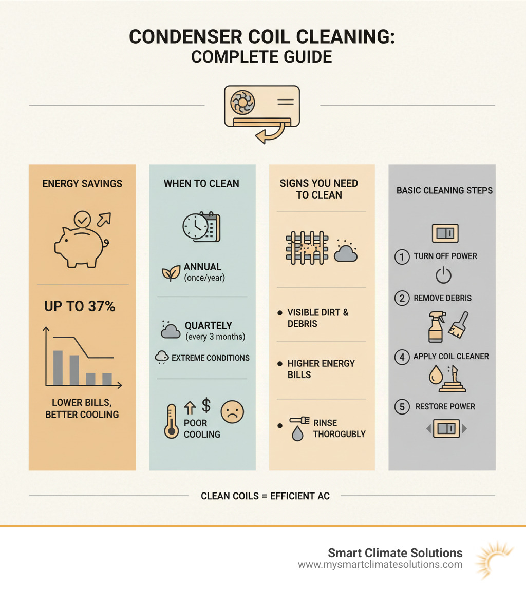 infographic showing the complete benefits and process of condenser coil cleaning, including energy savings up to 37 percent, recommended cleaning frequency of once per year or quarterly in extreme conditions, signs that coils need cleaning like visible dirt and higher bills, and basic cleaning steps from turning off power to rinsing thoroughly - Condenser coil cleaning infographic infographic showing the complete benefits and process of condenser coil cleaning, including energy savings up to 37 percent, recommended cleaning frequency of once per year or quarterly in extreme conditions, signs that coils need cleaning like visible dirt and higher bills, and basic cleaning steps from turning off power to rinsing thoroughly - Condenser coil cleaning infographic