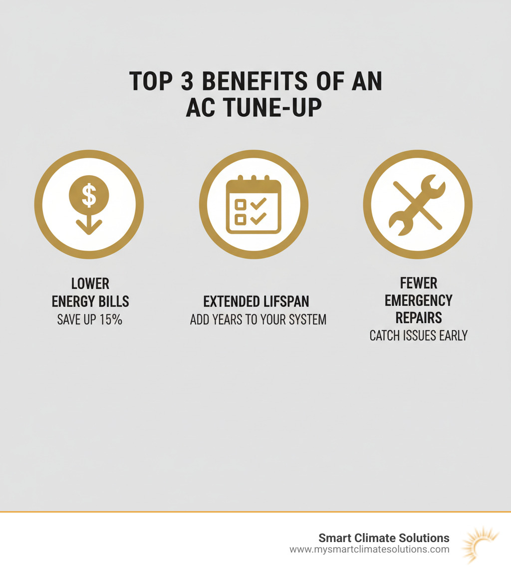 Infographic showing the top 3 benefits of an AC tune-up: a dollar sign with downward arrow labeled "Lower Energy Bills - Save Up to 15%", a calendar with checkmarks labeled "Extended Lifespan - Add Years to Your System", and a wrench with X symbol labeled "Fewer Emergency Repairs - Catch Issues Early" - ac unit check up infographic Infographic showing the top 3 benefits of an AC tune-up: a dollar sign with downward arrow labeled "Lower Energy Bills - Save Up to 15%", a calendar with checkmarks labeled "Extended Lifespan - Add Years to Your System", and a wrench with X symbol labeled "Fewer Emergency Repairs - Catch Issues Early" - ac unit check up infographic