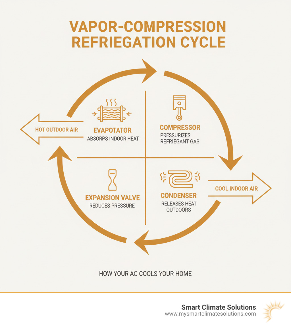 Infographic showing the vapor-compression refrigeration cycle with four main components: compressor pressurizing refrigerant gas, condenser releasing heat outdoors, expansion valve reducing pressure, and evaporator absorbing indoor heat, with arrows showing refrigerant flow through the complete cycle - air conditioning compressor infographic 