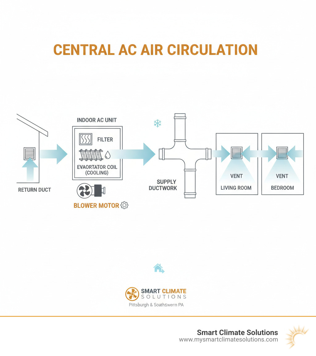 Infographic showing the path of air circulation in a central AC system: air is drawn into the return duct, passes through the filter and evaporator coil where it is cooled, is pushed by the blower motor through the supply ductwork, and is distributed through vents into rooms throughout the home - central AC blower motor infographic 