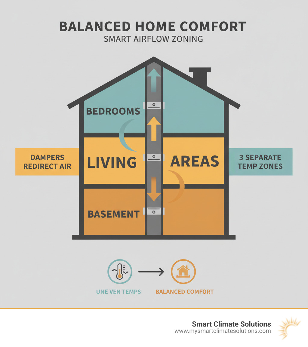 Infographic showing a home cross-section with color-coded zones illustrating how dampers in the main ductwork trunk control airflow to different rooms, with arrows indicating redirected air paths to create separate temperature zones for bedrooms, living areas, and basements, resulting in balanced comfort throughout the house - how to install dampers in ductwork infographic Infographic showing a home cross-section with color-coded zones illustrating how dampers in the main ductwork trunk control airflow to different rooms, with arrows indicating redirected air paths to create separate temperature zones for bedrooms, living areas, and basements, resulting in balanced comfort throughout the house - how to install dampers in ductwork infographic