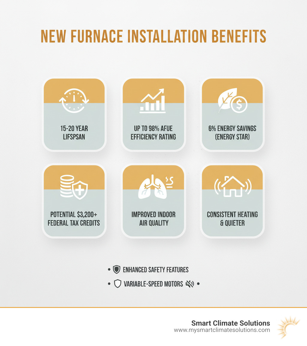 infographic showing benefits of new furnace installation: 15-20 year lifespan, up to 98% AFUE efficiency rating, 6% average energy savings with ENERGY STAR models, potential $3,200+ in federal tax credits, improved indoor air quality, consistent heating throughout home, quieter operation with variable-speed motors, and enhanced safety features - Furnace and Heating System Installation infographic 