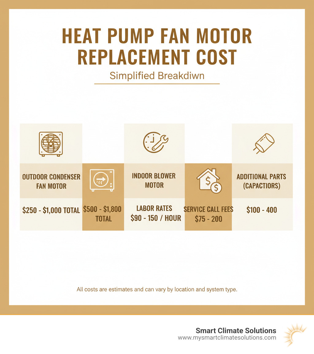 Infographic showing heat pump fan motor replacement cost breakdown: outdoor condenser fan motor ($250-$1,000 total), indoor blower motor ($500-$1,800 total), labor rates ($90-$150/hour), service call fees ($75-$200), and common additional parts like capacitors ($100-$400) - heat pump fan motor replacement cost infographic Infographic showing heat pump fan motor replacement cost breakdown: outdoor condenser fan motor ($250-$1,000 total), indoor blower motor ($500-$1,800 total), labor rates ($90-$150/hour), service call fees ($75-$200), and common additional parts like capacitors ($100-$400) - heat pump fan motor replacement cost infographic