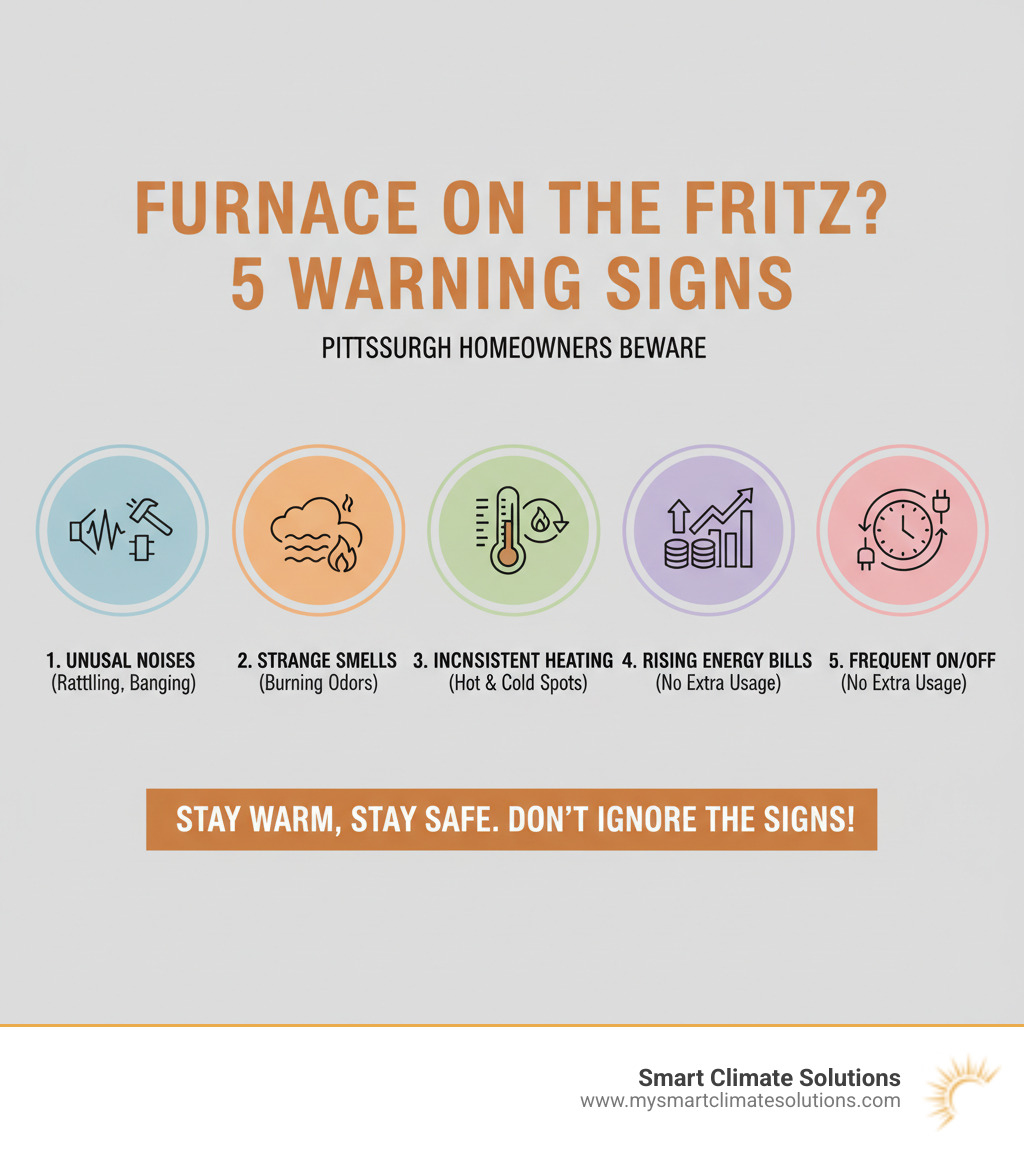 Infographic showing 5 common signs your furnace needs repair: unusual noises like rattling or banging, strange smells including burning odors, inconsistent heating with hot and cold spots, rising energy bills without increased usage, and frequent on-off cycling - Pittsburgh furnace repair infographic Infographic showing 5 common signs your furnace needs repair: unusual noises like rattling or banging, strange smells including burning odors, inconsistent heating with hot and cold spots, rising energy bills without increased usage, and frequent on-off cycling - Pittsburgh furnace repair infographic