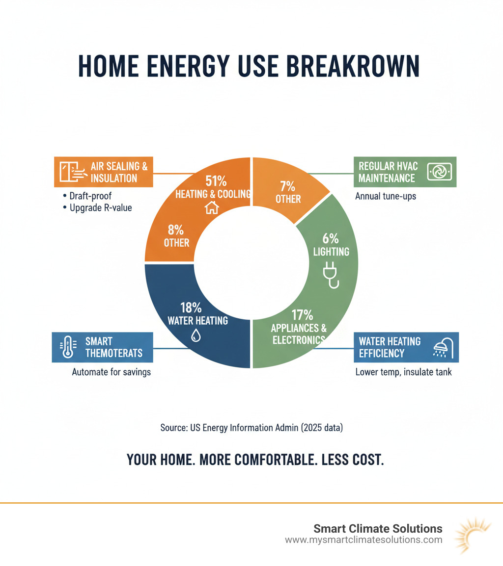 Infographic showing household energy consumption breakdown: heating and cooling 51%, water heating 18%, appliances and electronics 17%, lighting 6%, other 8%, with actionable efficiency tips for each category including air sealing, insulation, smart thermostats, and regular HVAC maintenance - most efficient way to heat and cool a home infographic 