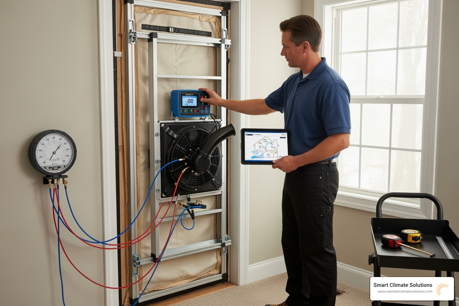 technician using a blower door machine - home energy efficiency audit