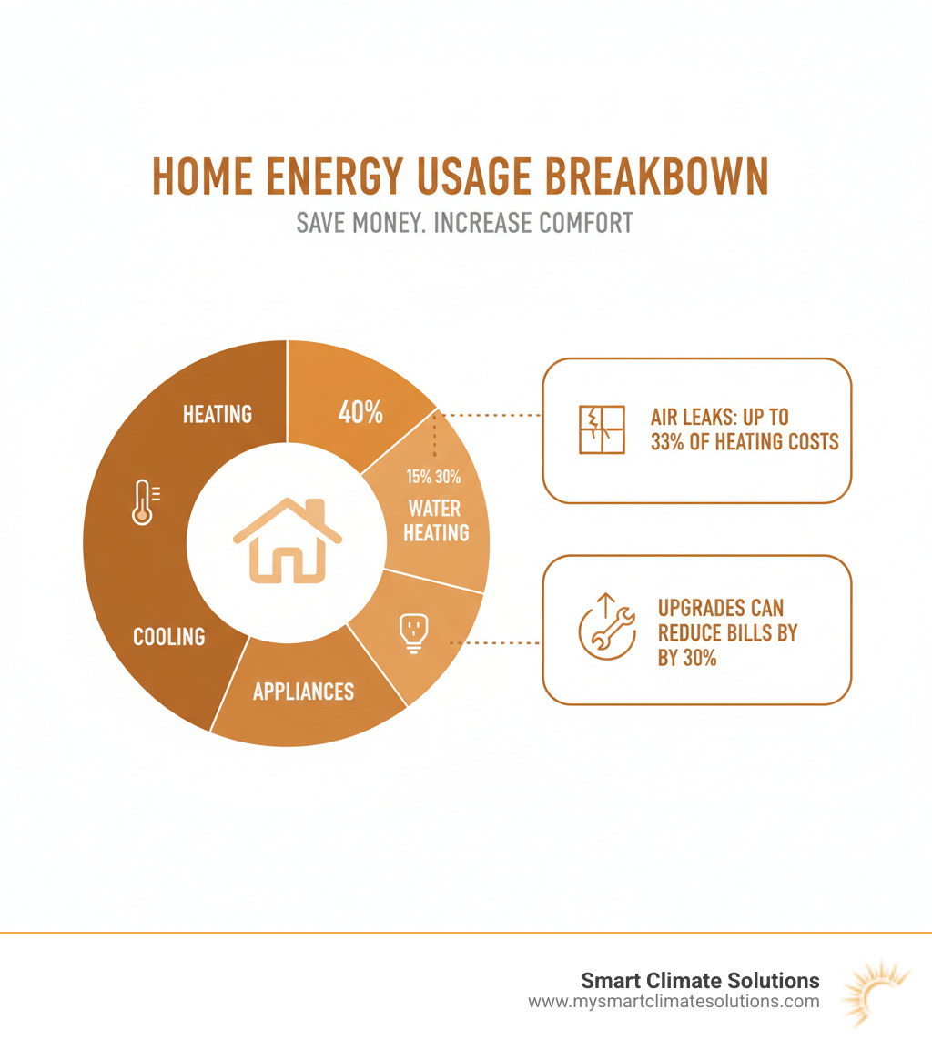 infographic showing breakdown of home energy usage with heating at 40%, water heating at 15-30%, cooling, appliances, and lighting making up the remainder, with callouts showing that air leaks cause up to 33% of heating costs and upgrades can reduce bills by 30% - home energy efficiency audit infographic 