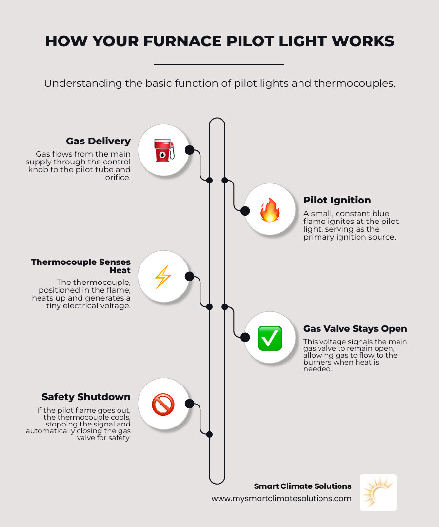 Infographic showing the basic anatomy of a pilot light system, including the gas valve control knob with ON/OFF/PILOT settings, the pilot tube delivering gas to the pilot orifice, the small blue flame of a properly functioning pilot light, the thermocouple positioned in the flame detecting heat, and arrows showing how the thermocouple signals the gas valve to stay open when heated, with a note that if the flame goes out the thermocouple cools and shuts off gas flow as a safety measure - furnace pilot light out infographic infographic-line-5-steps-elegant_beige
